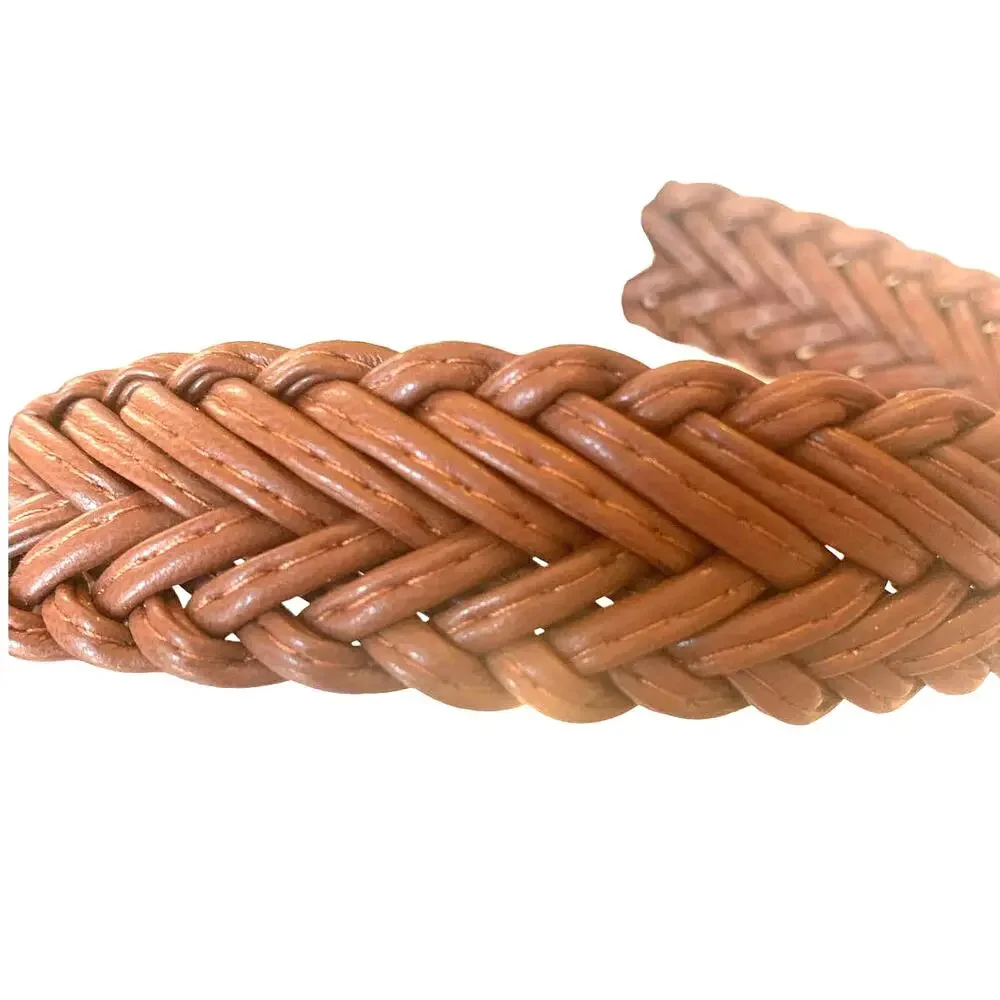Womens Braided Faux Leather Belt Brown Western Brass Buckle Cowgirl Chic